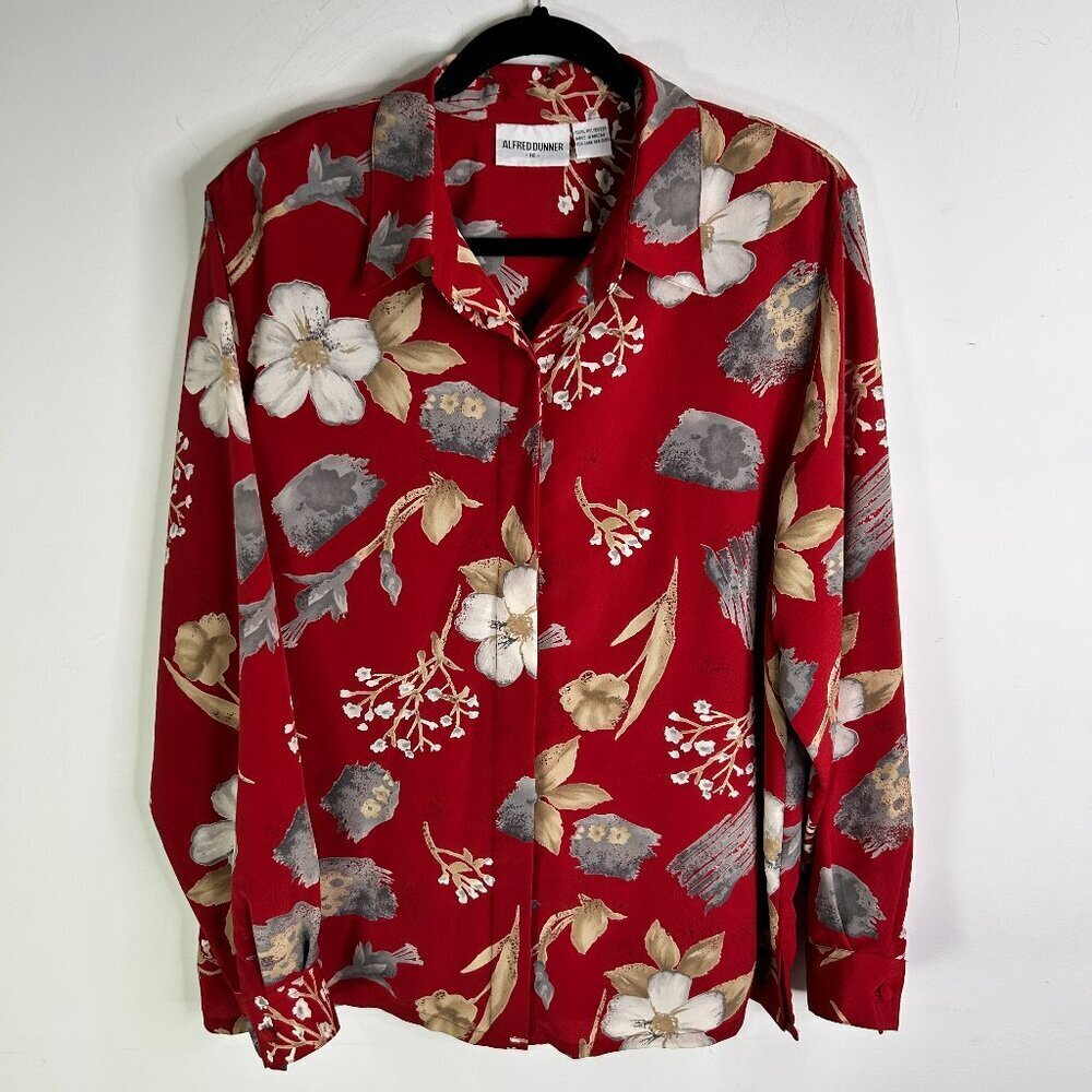 Alfred Dunner Women's Red Floral Button Down Blouse Size 16